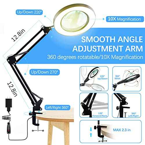 10X Magnifying Glass with Light, Adjustable Swing Arm 72 LEDs Real Glass Lens Magnifying Lamp, 3 Color Modes 10 Stepless Dimmable, Lighted Magnifier for Daily Reading Hobbies Crafts Workbench (Black)