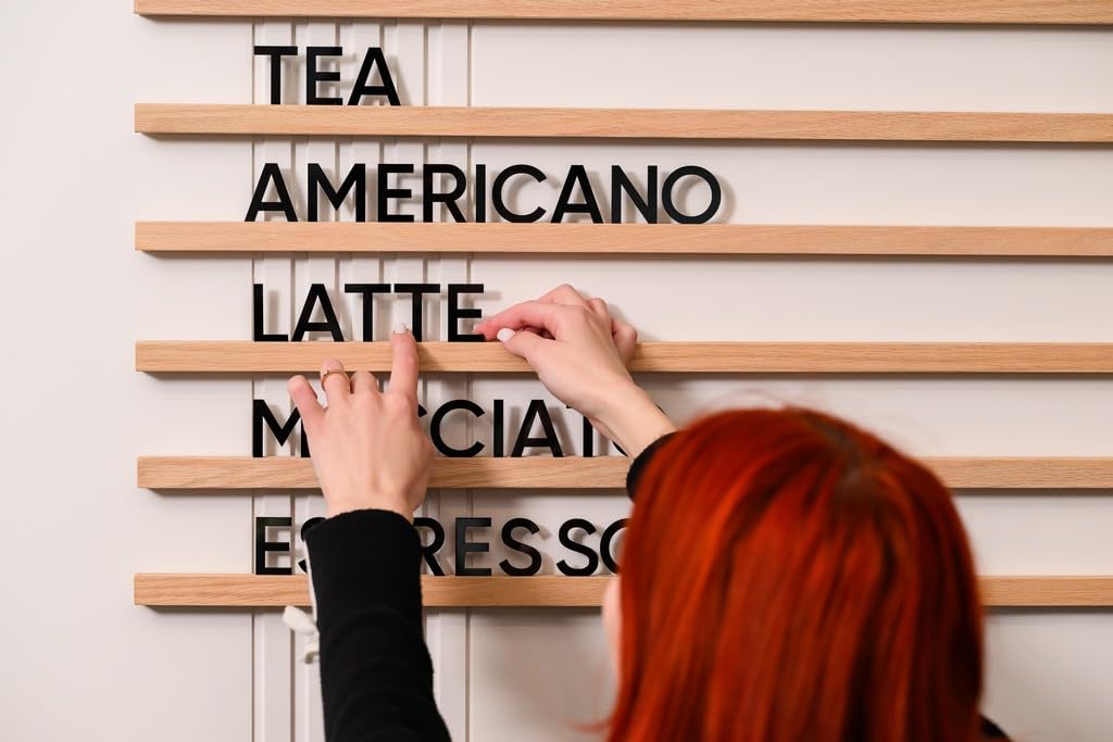 Inko Horeca Wooden Wall Menu Board - 10 Oiled Oak Rails + 400 Black Letters - Changeable Letter Shelf Display for Cafe, Restaurant & Home Decor