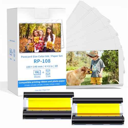 Compatible for Canon Selphy CP1500 CP1300 Ink and Paper Set RP-108IN RP108 2 Color Ink Cartridges and 108 Sheets 4x6 Photo Paper Glossy for Selphy CP1200 CP1000 CP910 CP820 Compact Photo Printers