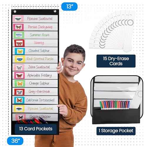 Essex Wares - 13 Pocket Daily Schedule Pocket Chart, Ultra-Durable Visual Schedule for Kids - Easy to Use, Reusable Daily Schedule for Kids - Reversible Chart for Sentence Strips