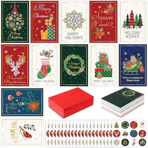 240 Sets Christmas Cards Bulk with Envelopes and Stickers Festive Gold Foil Merry Christmas Note Card Set 12 Elegant Designs Holiday Greeting Cards Blank Inside for Winter Xmas Season Gift 4x6 Inch