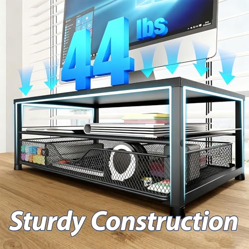 OPNICE Black 18x9.1x5.6 Inch 2-Tier Monitor Stand with Drawer & Pen Holders