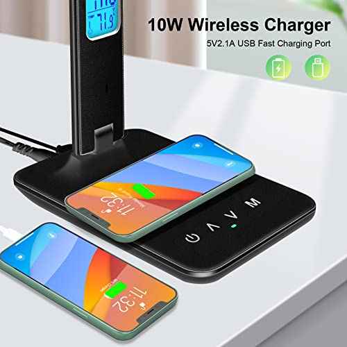 Desk Lamp with Wireless Charger£¬USB Charging Port, Dimmable Office Desk Light with Clock, Alarm, Date, Temperature, Foldable Lamp for Table Bedroom Bedside Office (Black, Standard Size-13.3 inch)