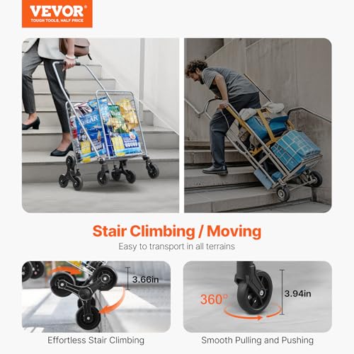 VEVOR Grocery Shopping Cart, 45L Stair Climbing Shopping Cart with 360¡Æ Rolling Swivel Wheels, Stair Climber Utility Cart with Tri-Wheels, Foldable Collapsible & Lightweight for Laundry Travel, Silver