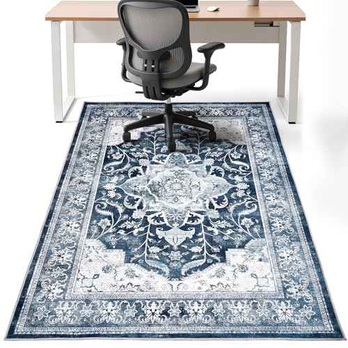 Office Chair Mat for Hardwood Tile Floor, 48"x60"Anti-Slip Under Desk Carpet Protector for Rolling Computer Chair Mat, Machine Washable Office Area Carpet (Fauxwool,Blue)