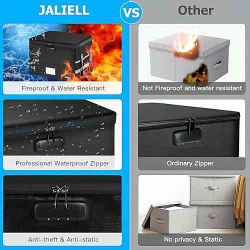 File Box with Lock - Fireproof Document Box File Organizer with Zipper & Adjustable Handle, Collapsible File Storage Box for Home Office, Filing Cabinet for Hanging Letter/Legal Folder