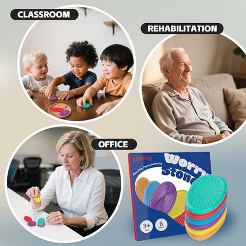 Sensory Stones 6 Pack - Hard Plastic Worry Stones for Adults & Autism Kids, 11 Textured Calming Toys for Anxiety Relief, Quiet Fidget Toys for Classroom & Office
