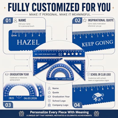 Blue Personalized Aluminum Geometry Set with Custom Engraved Name - 20cm Ruler, 7cm & 10cm Triangle Rulers, 180° Protractor, Back to School Gift