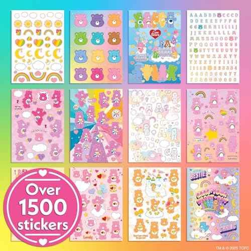 Care Bears Sticker Book, 1500 Cute Stickers for Scrapbooks, Planners, Features Letter, Laptops and Water Bottle for Kids Teens, School Supplies for Kids