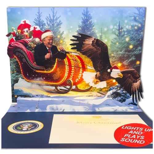Talking Donald Pop Up Christmas Card with Eagle Sleigh - Fun Holiday Gift with Light & Sound Features, Hear a Festive Greeting in Trump's Real Voice - Political Gag Gift for Men and Women