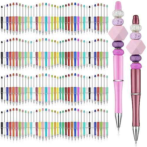 Kosiz 150 Pieces Plastic Beadable Pen Bulk Black Ink Assorted Bead Ballpoint Pen Beaded Gift for Presents Office School Supplies DIY Making(Pure Colors)
