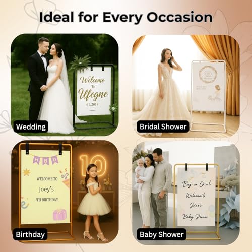 Welcome Sign Stand, Adjustable Sign Holder Stand w/ Poster Design Templates & Leather Straps, Heavy Duty Metal Easel for Wedding, Bridal Shower, Birthday Party, Baby Shower, 68" x 30" x 20"