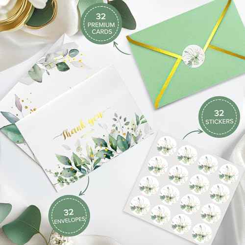Luxurious Gold Thank You Cards with Envelopes, 32 Pack eucalyptus Blank Cards All Occasion Thank You Notes Perfect for Wedding, Baby shower, Business, Graduation, Bridal shower 6" x 4"