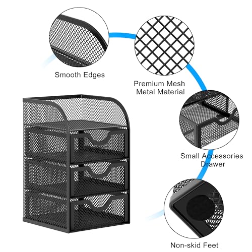 Black Mesh Desk Organizer with 3 Drawers for Office & Home Storage