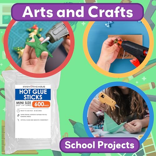 Innovative Haus Mini Hot Glue Sticks (600 Pack) - Fits Mini Glue Guns, 4" x 0.27" - Craft, Bond, Create on Wood, Metal, Glass and More - Transparent, Strong and Quick-Drying
