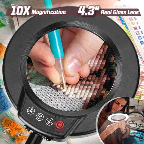 10X Magnifying Glass with Light and Stand, 5 Color Modes Stepless Dimmable LED Lighted Desk Lamp, Hands Free Flexible Gooseneck Magnifier with Light for Craft Hobby Painting Sewing Close Work