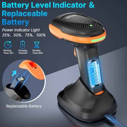 AGPTEK Bluetooth & 2.4GHz Wireless Barcode Scanner with Battery Indicator, Replaceable Battery, 2D/1D QR Code Reader, Wireless Charging Cradle, Ideal for Retail & Warehouse Use