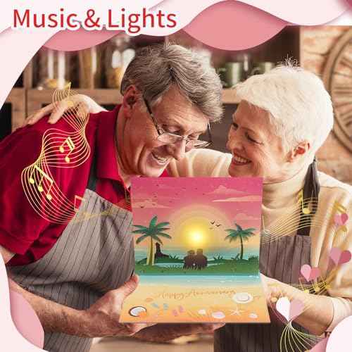 Anniversary Pop up Cards, Musical Anniversary Card with Sunset on the Beach View, Beach Vacation Invitation Card for Women Men Couple Wife Husband