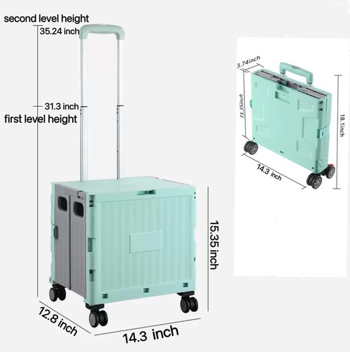 Foldable Rolling Utility Cart with Lid and Telescoping Handle,Collapsible Plastic Storage Crate with 360° Swivel Wheels,Portable Shopping Trolley for Groceries,Travel,Officeand Household Use (Pink)