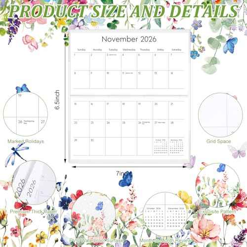 ReliThick 2026-2027 Pocket Calendar for Purse Small Monthly Planner Notebook with PVC Cover Pocket Calendar Journals Notepads Appreciation Present Gift for Women Mom Friends Teacher(Wildflowers)