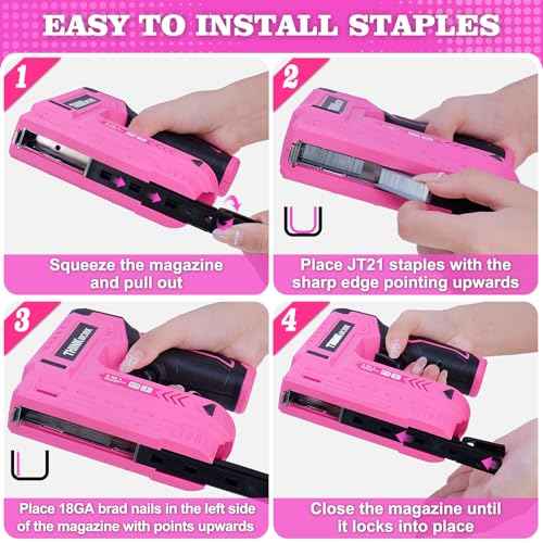 THINKWORK Pink Electric Staple Gun - 2 in 1 Nail Gun Battery Powered with 1000Pcs Staples and Nails, 4V Cordless Upholstery Staple Gun for Wood, Brad Nailer with USB Charger for Carpentry, Crafts, DIY