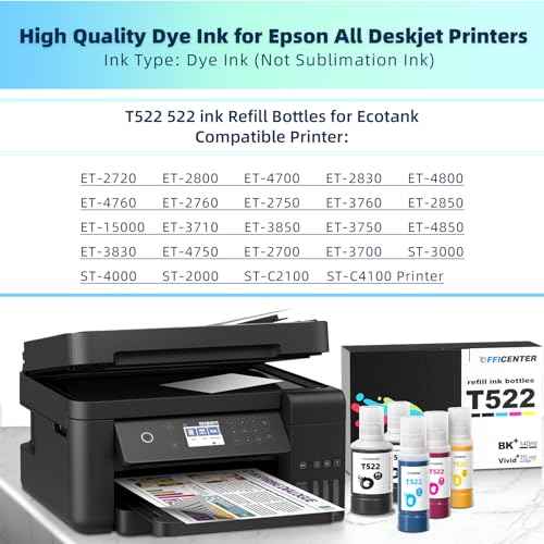 T522 522 Ink Refill Bottles for Ecotank ET-2760 ET-4760 ET-2750 ET-2720 ET-3760 ET-2850 ET-15000 ET-2800 ET-4700 ST-4000 ST-2000 ET-3710 ET4810 ET-3850 ET-3750 ET-2803 Printer (2BK C M Y)