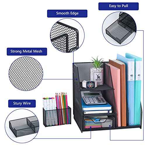 Topwey Desk Organizer, File Organizer for Desk with 2-Tier Paper Letter Tray, Drawer and 2 Pen Holder, Mesh Desktop Organization with Magazine Holder for Office Supplies