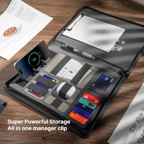 Leather Zipper Portfolio Binder with Wired Charging, Clipboard ? Business Organizer Padfolio Folder with Built-in 8000mAh Power Bank, Zip Up Binder & Portfolio Clipboard for Women/Men