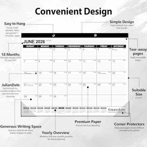 GuassLee Large Desk Calendar 2026-2027,18 Months from Jan. 2026 to Jun. 2027, 22 x 17 Inches Desktop Wall Calendar Hanging Planner with Julian Date, Notes, Corner Protectors for School Home Office