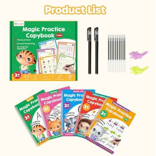 Large Magic Grooved Practice Copybook 5 Pack with Pens, Reusable Children's Magic Copybooks, Magical Handwriting Workbooks Number Letter Tracing for Kids Age 3-8 Kindergarten Preschool Calligraphy