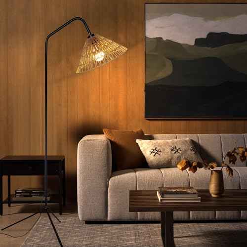 2025 Arc Floor Lamp with Paper Rope Shade Tripod Feet Floor Lamp Boho Style Natural Materials Standing Lamp for Bedroom Living Over Couch Reading Lamp