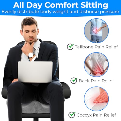 Large Memory Foam Seat Cushion for Tailbone, Coccyx & Pressure Relief ? Ergonomic Cushion for Office Chair, Car, Home & Wheelchair ? Ultimate Comfort for Long Sitting Hours ? Grey (Unisex)