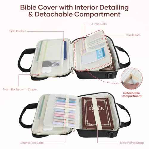 Bible Cover Case for Women, Large Bible Bag with Removable Pencil Case, Water Bottle Pocket and Shoulder Strap for Bible Study Supplies, Church Carrying Journaling Kit, Christian Gift for Women