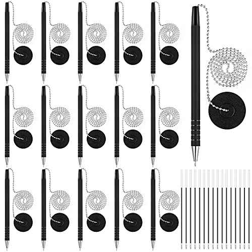 Security Pen Set with Bead Chain and Pen Holder, Desktop Pens with Chains, Blank Ink Refills for Office Bank Supplies, Black (64 Pieces)