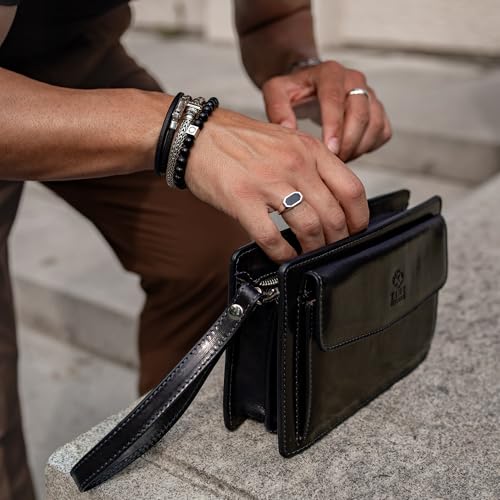 Time Resistance Leather Clutch for Men – Black Organizer Wrist Bag, Handmade in Italy