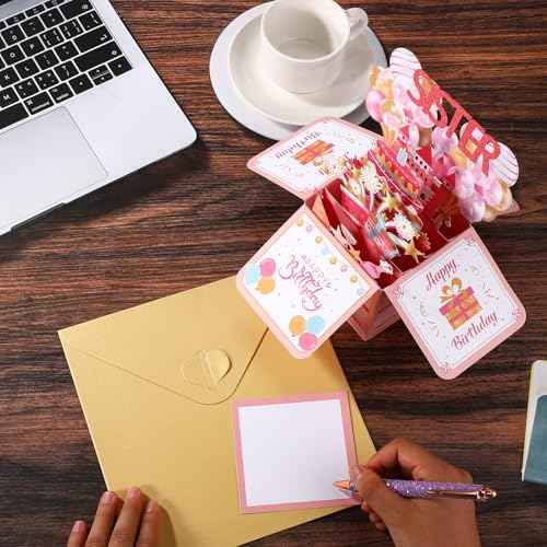 Funny Happy Birthday Sister Pop Up Card, 3D Birthday Card with Envelope Unique Gift for Women Party Decoration Keepsake