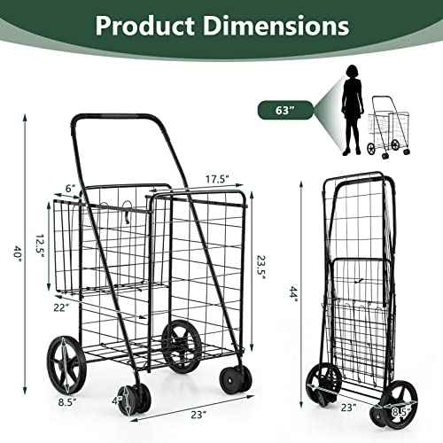 Flat Folding Shopping Cart, 130 LBS Heavy Duty Utility Cart W/ 360¡Æ Swivel Front Wheels, 24" x 23" x 40" Foldable Grocery Cart for Laundry, Shopping, Groceries