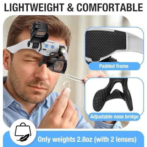 Magnifying Glasses for Close Work, Jewelers Magnifying Glass with Light & 5 Interchangeable Lens Pairs(2X 4X 6X 10x 13x), Headband Loupe Magnifier for Watch Repair,Crafts, w/Storage Case