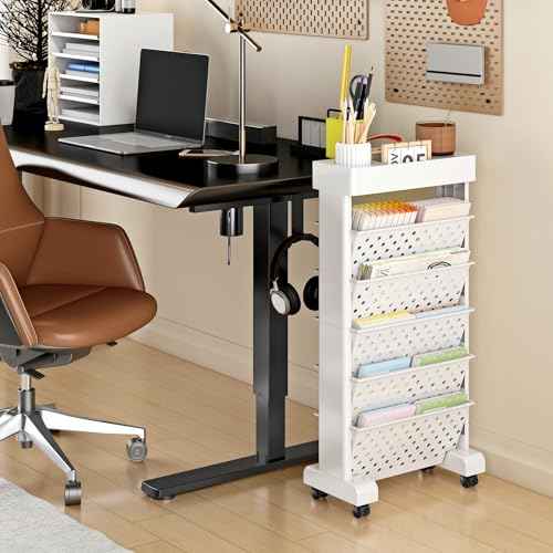 BYFU 6-Tier Movable Bookshelf Cart, Rolling File Paper Storage Organizer Mobile Bookcase with Wheels for Home Office Study Classroom, White
