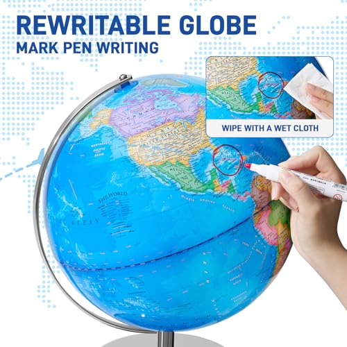 13" World Globe for Kids, Classroom Globe for Education & Decoration with Stable Heavy Metal Base, HD Waterproof Printed & Rewritable Surface
