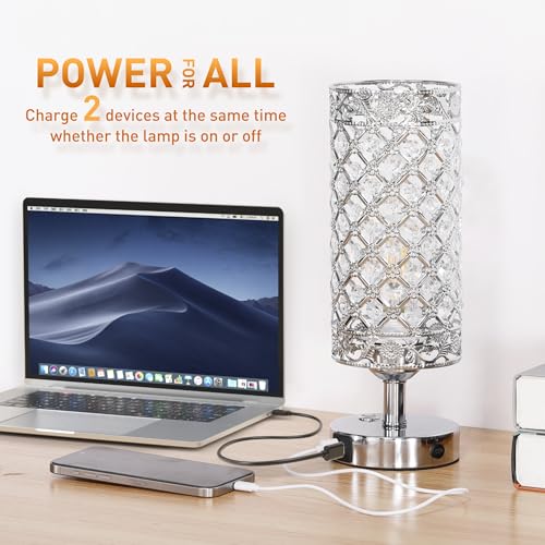 Crystal Table Lamp, Cordless Touch Desk Lamp, Dimmable Bedside Lamp, Modern Nightstand Lamp, 3000K Warm White LED Bulb with USB C+A Charging Port 4000MAH Battery Operated Light for Bedroom