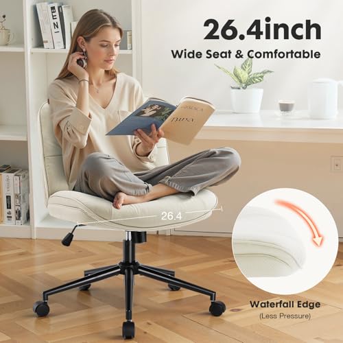 Sweetcrispy Criss Cross Chair with Wheels, Wide Seat PU Leather Armless Office Desk Vanity Chair, Comfortable Adjustable Swivel Computer Task Chairs for Bedroom, Small Space Make Up, Light Beige