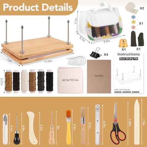 MAKEASY Book Binding Kits with Book Press (11.6x7.8in), DIY Bookbinding Kit with Waxed Thread, Needles, Bone Folder, Scissors & Bookbinding Supplies for Beginners & Professionals