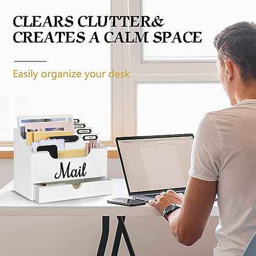 Mail Holder with 4 Compartments and Drawer, Wood Mail Holder Sorter Holder,Countertop Desk Office Accessories for File Letter Paper Folder, Drawer Storage