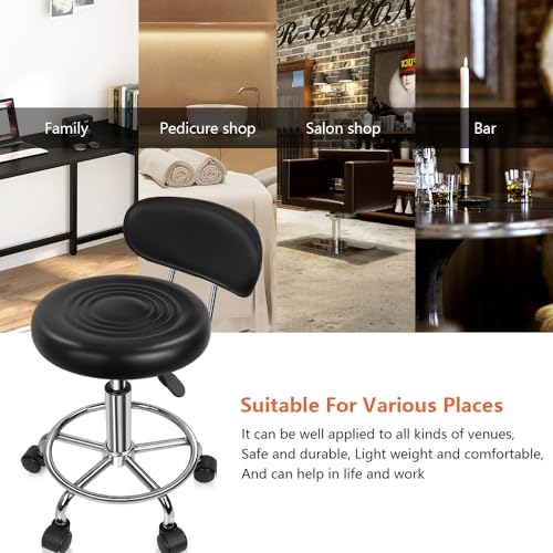 KKTONER PU Leather Modern Rolling Stool with Low Back, Height Adjustable, 360° Swivel, Footrest – Black