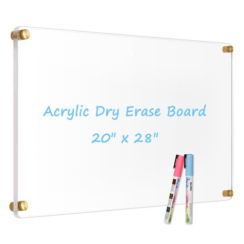 AMUSIGHT Large Clear Acrylic Dry Erase Board, 28" X 20" Golden Non-Magnetic Frameless Clear White Board for Wall, Erasable Acrylic Board for Wall, Home, Office, School, 2 Markers