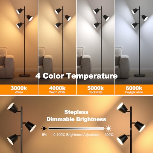 ¡¼Upgraded¡½LED Tree Floor Lamp, 36W Dimmable 2500 LM Modern Standing Lamp with Remote & Touch Control, 4 Color Temperatures, 3 Rotatable LED Light Floor Lamps for Living Room Bedroom Office-Matte Black