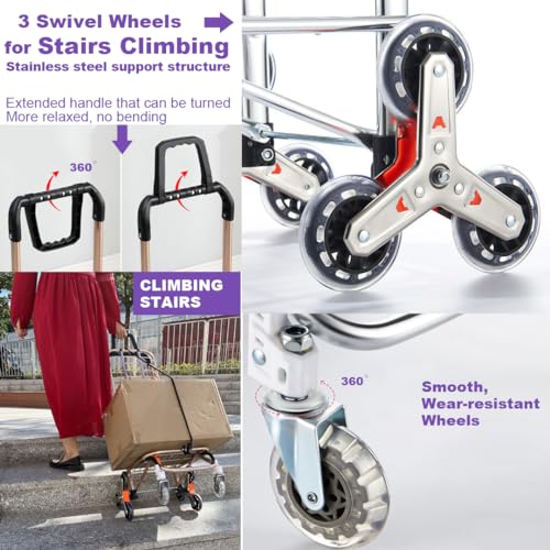 Stair Climbing Shopping Cart for Groceries & Hand cart 2-in-1, Lightweight Utility Cart with Waterproof Liner, Elastic Cord for Luggage,Laundry,Camping,Transport £¬35L (Silver+)
