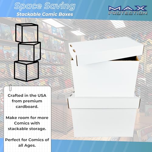 Max Pro Comic Book Storage Boxes - Short Cardboard White Case for 150-175 Comic Books - Double Thickness Design - Premium Stackable Book Box for Silver Age & Modern Comics (Pack of 3)