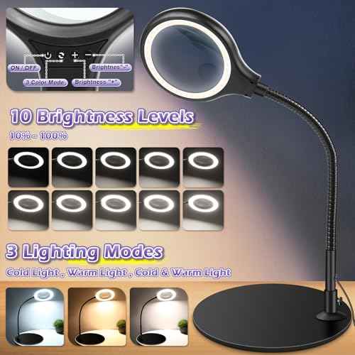 10X 20X Desk Magnifying Glass with Light and Stand, Large Magnifying Lamp with 3 Color Modes Lighted Magnifying Light for Crafts Hands Free, Upgrated Head Button Reading Magnifier for Books Sewing